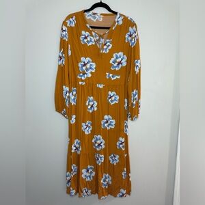 Vintage Mustard Yellow Floral Maxi Dress Boho Long Sleeve Tie Neck Cottagecore